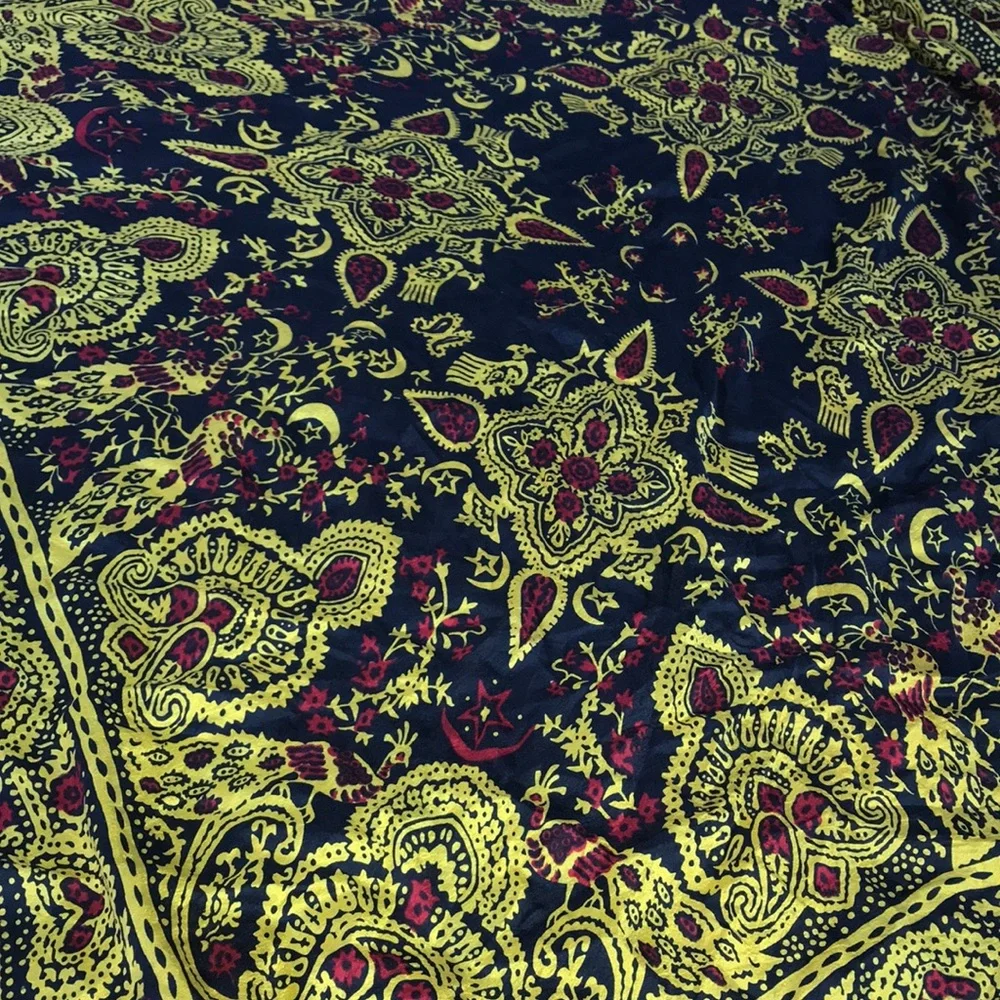 Black Silk-like Paisley Scarf Tablecloth with Gold and Red Accents